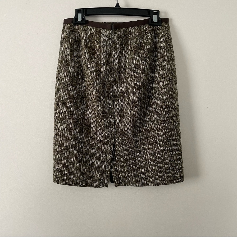 Vintage Y2K Ann Taylor Green Brown Tweed Bow Detail Dark Academia Skirt 4 Petite - Picture 2 of 5